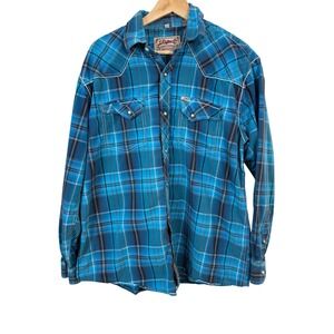 Rafter C Cowboy Collection Mens XL Blue Plaid Western Pearl Snap Shirt workwear